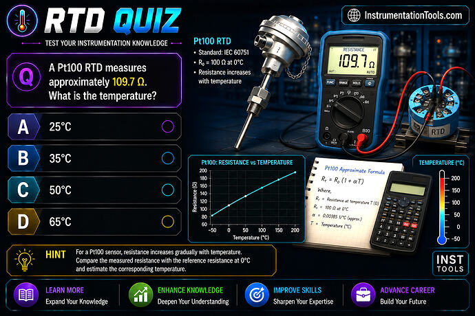 24 A Pt100 RTD measures approximately 109.7 Ω. What is the temperature