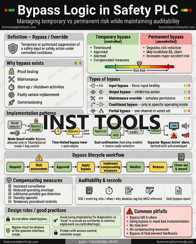 Bypass logic in Safety PLC (temporary vs permanent risks)